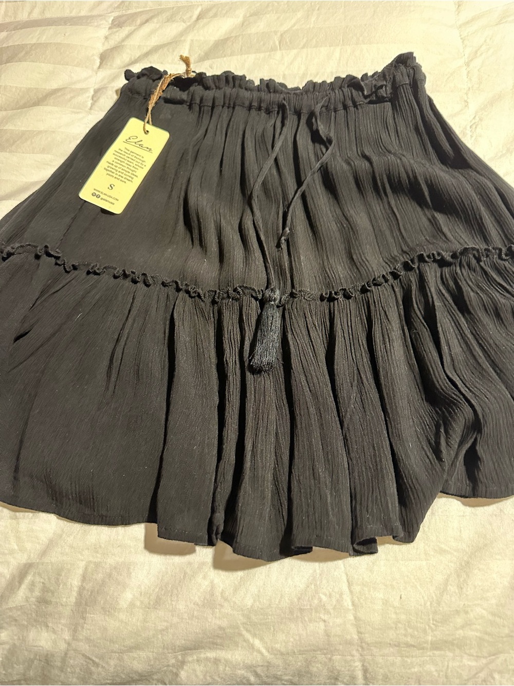 Elan Black Tiered Mini Skirt with Tassel Drawstring